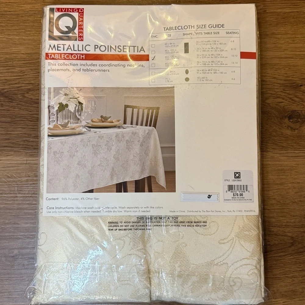 Living Quarters Metallic Poinsettia Tablecloth 60” x 120” Oblong Holiday Decor